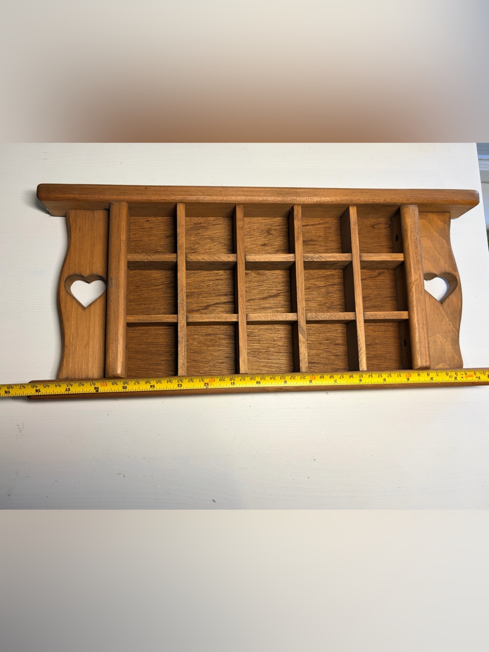 Vintage Wooden Shadow Box Cubby Shelf with Heart Cutouts